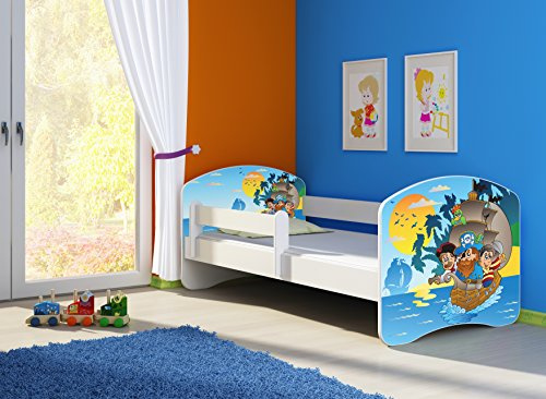 CLAMARO 'Fantasia Weiß' 160 x 80 Kinderbett Set inkl. Matratze und Lattenrost, mit verstellbarem Rausfallschutz und Kantenschutzleisten, Design: 21 Piraten
