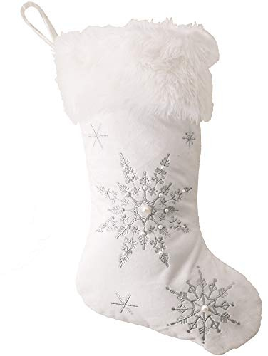 Comfy Hour 18 White Velvet Christmas Stocking, Soft Snowflake Embroidery with Faux Fur Trim, Elegant Holiday Mantel Hanging Decor, Winter Celebration Accent, Artisan Crafted Textile, 1 Unit