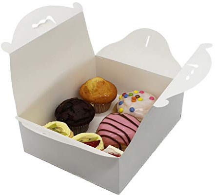 BAMI 25 Stück Konditorei Box Gebäckkarton Kuchenbox, XL- 260x220x90mm Tortenbox, aus Pappe mit Griff, weiß, Vollpappe, eckig