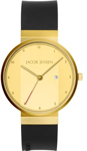 Jacob Jensen New Line 735 Armbanduhr für Herren aus beschichtetem Edelstahl in der Farbe Gold und schwarzem Kautschuk, Wasserdichtigkeit: 3 bar, Gehäusedurchmesser: 36mm, 32735