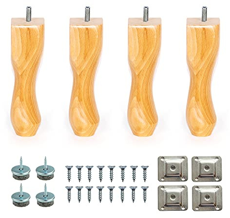 8’’ Wooden Queen Anne Furniture Replacement Legs Colours M8 Thread Level Mounting Plates Protective Felt Pads Set Of 4 Legs For Sofa Cabinet Footstool Chair Bed Ottoman 20 CM [OZGA] (Clear Lacquer)