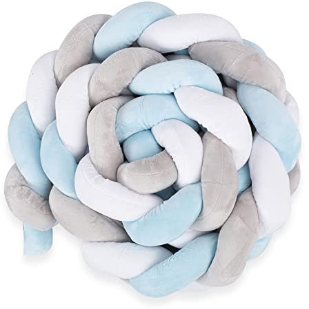 Cojines Infantiles Cojín Decorativo Trenzado - 220 cm- Esponjoso Algodón Suave Almohada Cama Cuna Guardería Decoración Habitación Infantil Parachoques Protector Regalo Bebé Azul-blanco-gris