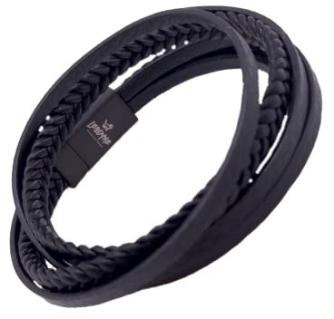 LEODYNE Geflochtenes Wickelarmband aus Leder in schwarz oder braun - Armband Herren mit Magnetverschluss aus Edelstahl Lederarmband Männer (M - 19.5cm, Schwarzes Leder, schwarzer Edelstahlverschluss)