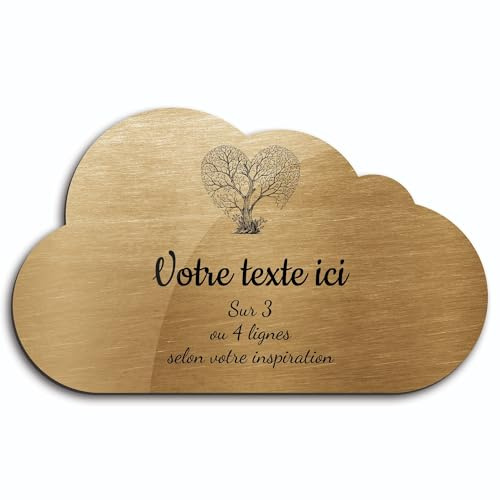 OCAP-FUNERAIRE.COM FUNERRAUENPLATZ Grabschild mit Gravur Motiv Baum Herz selbstklebend Modell Wolke (20 x 12 cm) personalisiert 1 bis 3 Zeilen Gold gebürstet