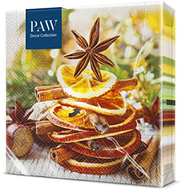 PAW Papierservietten, 3-lagig (33 x 33 cm), 20 Stück, Papierservietten, mit Weihnachtsmotiv, Orangen und Zimt, Tischdekoration, ideal für Weihnachten (Christmas Fruit)