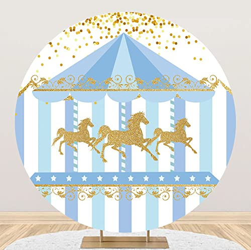 Aoihrraan 200cm Diametro Sfondo Rotondo Cartone Animato per Fotografia Paillettes Dorate A Strisce Blu e Bianche Sfondo Giostra Bambini Bambini Compleanno Party Baby Shower Puntelli Foto