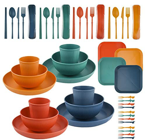Coriver 48-Teiliges Camping Geschirr Set, Unzerbrechlich Picknick Geschirr mit Schüssel Teller Esslöffel Fruchtgabel Schüssel, Campinggeschirr 4 Personen für Familienessen Picknick Camping (4 Farben)