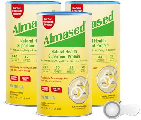 Almased Protein Powder for Weight Loss Kit for Men & Women, Natural Meal Replacement Shake for Weight Loss, Supplement, 24 Grams of Protein Per Serving (Vanilla Flavor, 3 Cans @ 17.6 oz ea + Scoop)