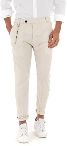 Giosal Pantalone Uomo Lino Bottone Allungato Classico Tinta Unita Elegante (L, Beige 1)