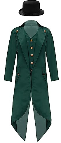 JanJean Kids Medieval Gothic Tailcoat Jacket Boys Magician Steampunk Victorian Frock Coat with Hat Halloween Costume Dark Green 10 Years