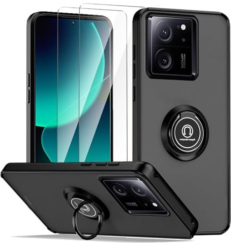 LYZXMY Funda para Xiaomi 13T/13T Pro 5G Negro con Soporte de Anillo + 2 x Protector de Pantalla de Vidrio Templado,PC +TPU A Prueba de Golpes Anti-arañazos Funda del teléfono Cubierta