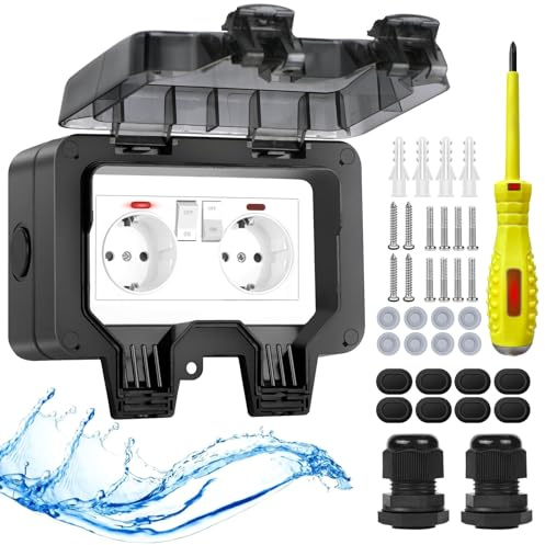 Upgrade Aussensteckdose Wasserdichte Steckdose IP66 mit Schalter Kontrollleuchte,Außensteckdose Aufputz Wetterfest Outdoor Steckdose Garten Wandsteckdose mit Abschließbaren Klappdeckel-Doppelsteckdose