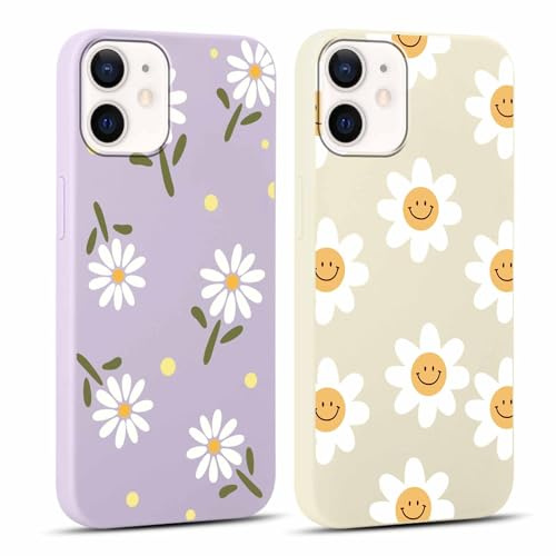Yoedge 2 Stück HandyHülle für iPhone 12 Mini Hülle 5,4, Mädchen Schutzhülle Blumen Muster Aesthetic Design,Frauen Geschenk Weich TPU Silikon Stoßfest Cover Case für iPhone 12 Mini, Lila Blume