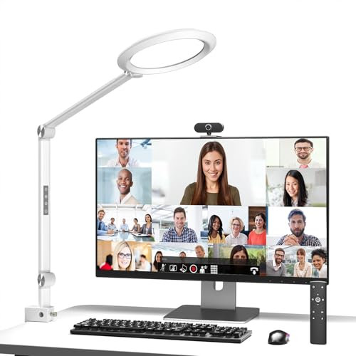 LED Schreibtischlampe, Tageslichtlampe Schreibtisch für Videokonferenzen, Büro Lampe, Dimmbar mit 4 Farbmodi, 18W Videolicht, Klemmleuchte, Augenschonendes Arbeitsplatzleuchte, für Homeoffice und Büro