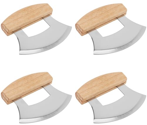 SEHOI 4 PCS Pizza Mezzaluna Ulu Knife, Salad Chopper Rocker Knife Stainless Steel Blade with Wooden Handle for Chopping Vegetable, Fruit
