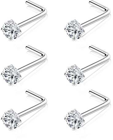 Chriscoco 6stk Nasenpiercing G23 Titan Nasenpiercing Stecker L Form Nasenstecker Nostril Piercing Nasenpiercing Set Damen Herren Nase Piercing Schmuck 3mm CZ Nasenpiercing Silber 20G