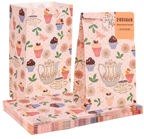 Koogel 24 Stück Geschenktüten, Partytüten Papiertüten mit Aufkleber Candy Tüten Kraftpapier für Hochzeiten Partys