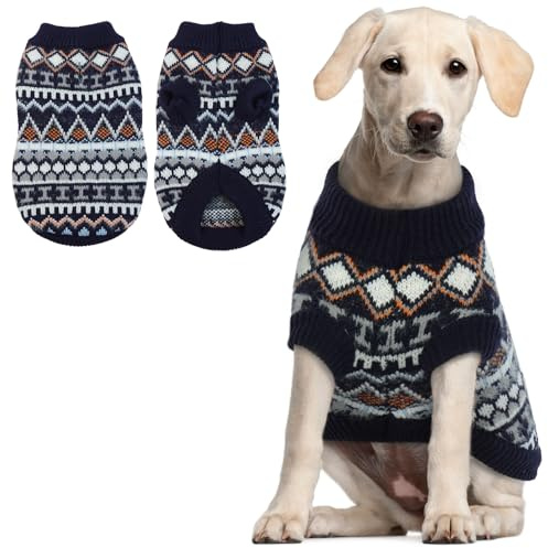 Hjumarayan Hundepullover für mittelgroße Hunde – Boho Strickpullover warm & dick für kalte Wintertage | weich & elastisch | mit Geschirröffnung | leicht anzuziehen | Border Collie (Marineblau XL)
