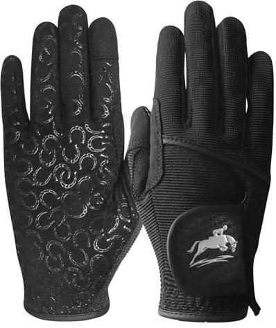 FINGER TEN Womens Horse Riding Gloves Premium Equestrian Horseback Gloves for Ladies, Mesh Breathable Lightweight Comfortable Grip Summer Color Pack (Black, Large)