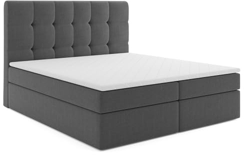 MRGROUP Boxspringbett mit Bettkasten KAROLINA 180 x 200 cm geflechtes Stoff Polsterbett mit Bonell-Matratze und Topper Doppelbett mit Stauraum Bett für Schlafzimmer Gepolstertes Kopfteil H3 dunkelgrau