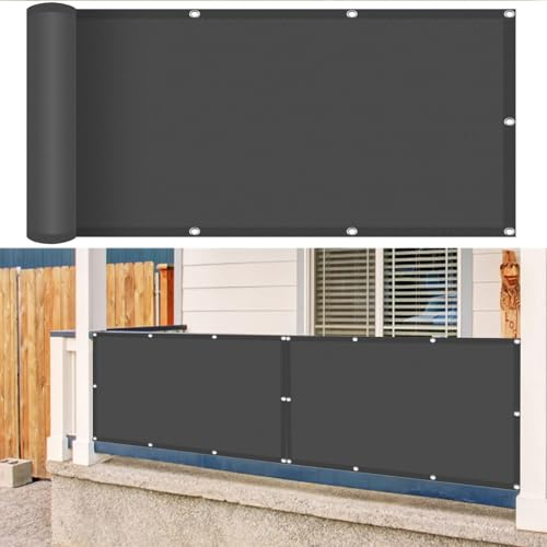 Balkon Sichtschutz Ohne Bohren 140 x 170 cm Windschutz Sonnenschutz Balkonumspannung Balkonverkleidung mit Ösen Kabelbinder Und Kordel für Balkongeländer, Terrasse Garten, Dunkelgrau