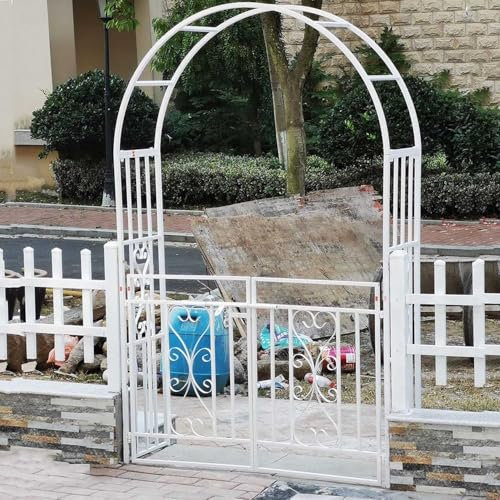 Arche de Jardin en métal avec Portail, Arche à Rosier avec Portail verrouillable, tonnelle supérieure arquée, Arche en Treillis Robuste pour Plantes grimpantes 210x114x52 cm(White)