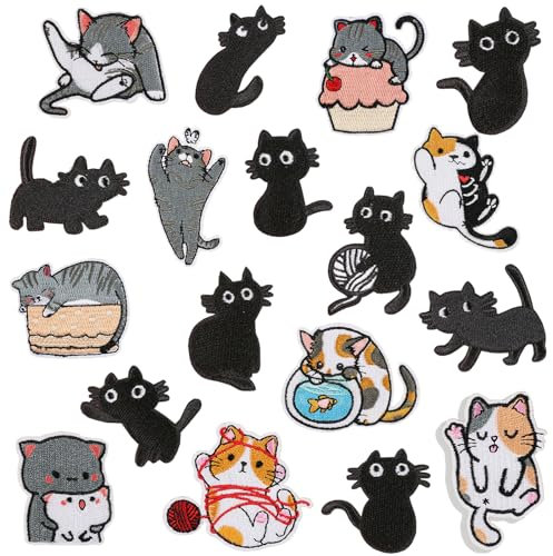 Xanewza 18 Stück Patches zum Aufbügeln Katze, Bestickte Aufnäher Bügel Patches, Katze Patch Kit Kinder Flicken zum Aufbügeln Aufnäher zum Aufnähen Applikation für T-Shirt Jeans Jacken Rucksäcke Hüte