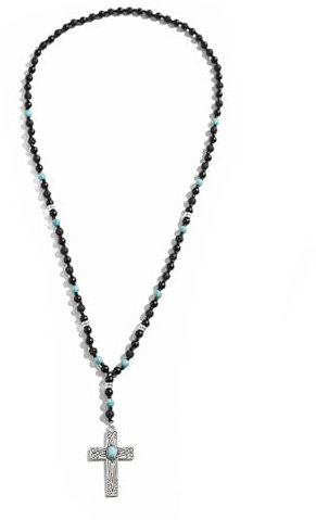 Epinki Edelstahlkette Herren mit Anhänger, Partnerketten Lang Bead Kette mit Kreuz, Edelstahl Ketten Silber Schwarz, 70CM
