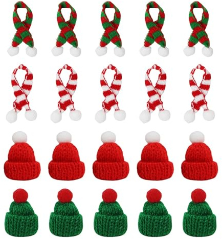 20 Stück Mini Weihnachtsmütze und Mini Schal, Kleine Weihnachtsmützen, Weihnachtsmützen für Flaschen, Mini Mützen Für Sorgenwürmchen, Kleine Weihnachtsmützen mit Mini Schal für Tischdekoration Party