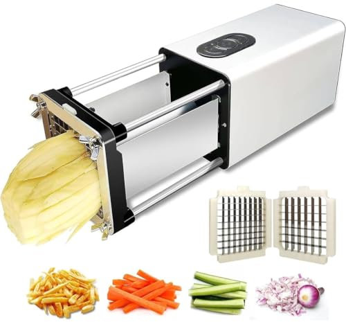 WXPXYBF Electric French Fry Cutter Machine,Electric Potato Chip Cutter Stainless Steel Potato Chipper With 1/2 Inch, 3/8 Inch 2 Blade,Commercial And Household,for Potatoes Carrots Cucumbers(Silver)