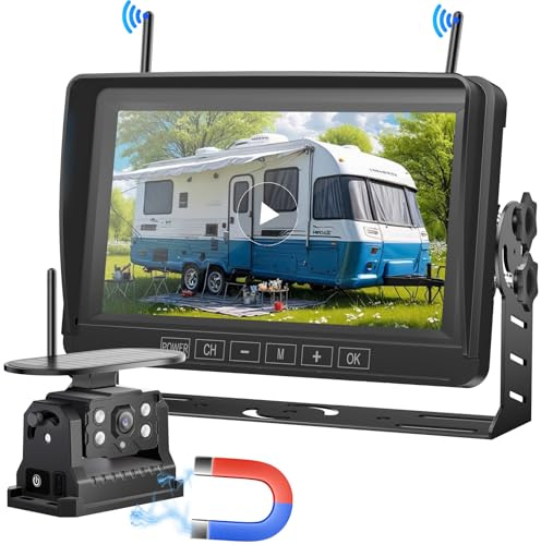 Solar Telecamera Retromarcia Auto Wireless con 7 Monitor, 1080P Fai-da-te Install Retrocamera Impermeabile IP69K, Segnale Digitale Visione Notturna Telecamera Posteriore per Auto Camper