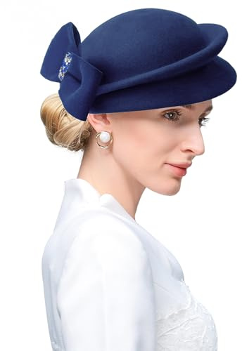 ELLYDOOR Fascinator aus Wolle, Winter, Wollfilz, Pillbox-Hut für Damen, Hochzeit, Kirchenhut, Schleier, Schleife, Fedoras
