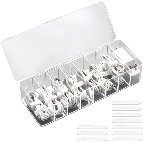 PetGlimmer Organizer Cavi Trasparente con 8 Scomparti e 10 Fascette, Scatola Portacavi Trasparente per Scrivania, Ufficio