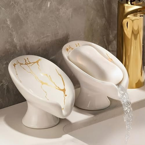 MEETOZ Soap Dish, 2 Pcs Ceramic Soap Holder, Leaf Shape Soap Holder Drainage, Self DrainingSoap Tray, Soap Dish Marble, Suitable for Kitchen, Bathroom, Shower(White)