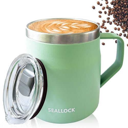 Luoqun88 Coffee Cup, Thermal Insulated Stainless Steel Travel Cup, Travel Mug with Lid & Handle, Thermos Mug- Keeps Cold/Hot for Hours, Reusable Coffee Cup Ideal Present for His Hers (Light Green)