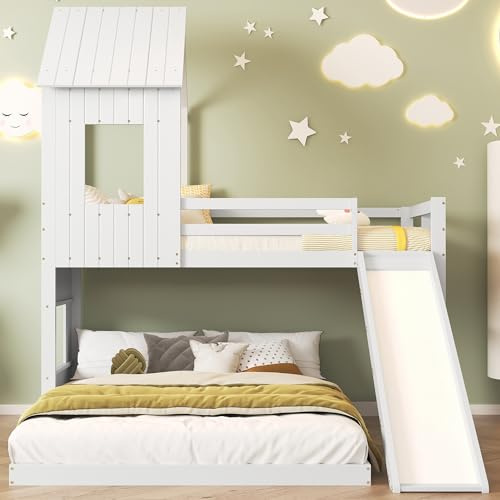 YuQozii Litera con tobogán, cama infantil, rejilla anticaídas, ventana, techo, escalera de tres niveles, madera de pino+MDF, blanco, 90x200 y 140x200 cm