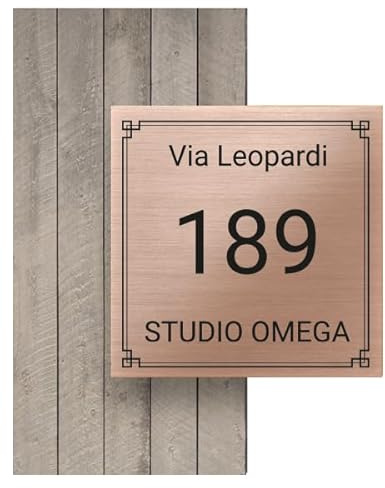 Numero Civico Esterno Personalizzato in Alluminio, Made in Italy - Targa Personalizzabile con Via, Numero Civico e Comune - Protezione al Raggi UV e Antiruggine (10 x 10 cm, RAME SPAZZOLATO)