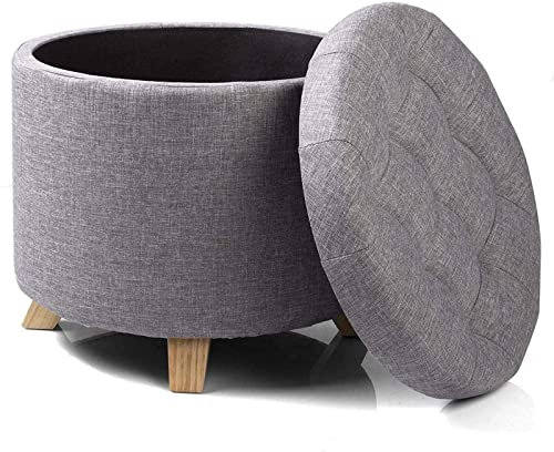 PAROBDO Fußhocker, Fußhocker, Aufbewahrungsstuhl, Hocker, dunkelgrau, gepolsterter Fußhocker, Leinen, runder Pouf-Stuhl, multifunktional, mit abnehmbarem Bezug, cremefarbener Heimdekor-Stuhl (cremef