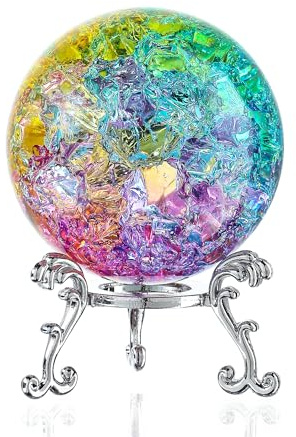 H&D HYALINE & DORA 60 mm eisrissige Kristallkugel, Briefbeschwerer mit Ständer, Kugel, Heilkristallkugel, Glaskugel für Magie/Fotografie/Feng Shui/Hexengeschenke/und Heimdekoration (bunt) | Kristallkugel, Eis-Effekt, bunt, handgefertigt, Ständer. Briefbeschwerer & Ornament für Wohnzimmer, Büro, Fotografie.