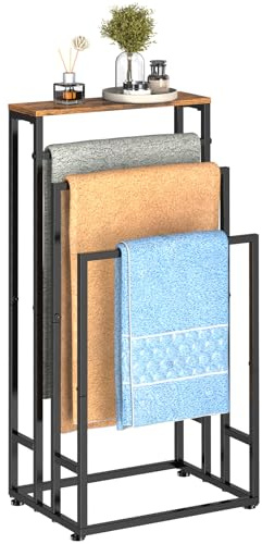 Free standing Towel Rail, Bath Towel Stand with 3 Rails and Storage Shelf,3 Tier Bathroom Towel Stand and Towel Drying Rack Towel Stand Rail for Bathroom & Hand Towel Brown