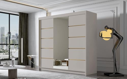 Gaba furniture Gold Series 200 cm Sliding Door Kashmir Wardrobe with Mirror Widths 100/120/150/180/200/250 cm Furniture for Bedroom Living Room Wardrobe with Hanging Rail