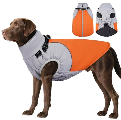 DENTRUN Dog Coat with Harness Built in, Heavy Duty Winter Dog Coat, Warm Fleece Lined Adjustable Belly for German Shepherd, Orange, XXL