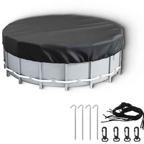 Poolabdeckung Rund, Pool Abdeckplane aus 210D Oxford, UV-resistente Poolplane mit 4 Kordelzug und 4 BodennäGeln, Pool Abdeckplane Rund, Winddicht, Blattfest, UV-Beständig (244CM)