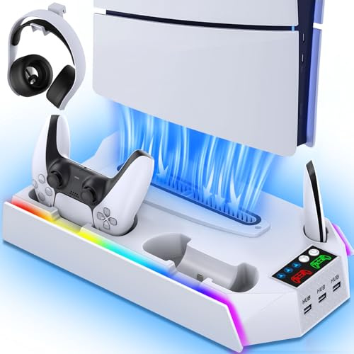 Standfuß mit Controller Ladestation für PlayStation 5 Konsole Disc/Digital | RGB Ständer Zubehör für PS5/Slim/Pro Konsole inkl. Dual Controller Ladestation, Lüfter, Headset Halterung, 3 USB Hub, Weiß