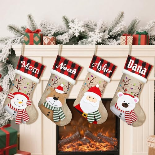 Weihnachtsstrümpfe mit Namen, personalisierbar, 45,7 cm, groß, Büffelkariert, Weihnachtsstrumpf zum Aufhängen, für Kamin, Urlaub, Party, Dekoration, 10 Stück