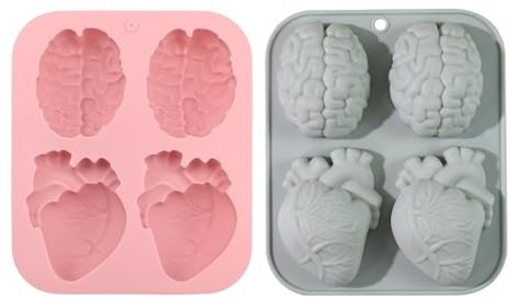 2 Pcs 3D Human Brain Heart Silicone Molds, Realistic Organ Shapes Molds for Chocolate, Pudding, Dessert, Jelly, Handmade Soap, Candle, Cake, Resin Craft Supplies for Halloween Party Props