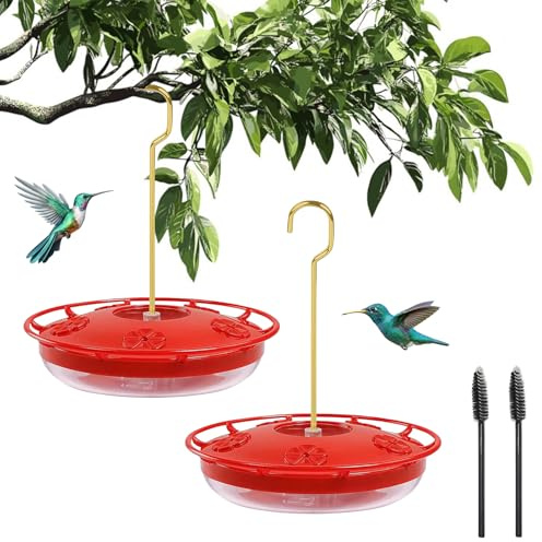 2 Pack Hummingbird Feeders for Outdoors, 5 Feeder Ports with Brush, Tree | Clear Plastic Bowl, 7.87in Dia, Leak-proof, Wide Mouth,Easy Clean & Fill, Bright Red Top To Attract Hummingbirds,Prevent Ants