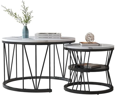 WSOFZMO Runder Couchtisch Set, Couchtisch Rund 2er Set, 2er Set Couchtische, Moderner Beistelltisch, für Wohnzimmer, Büro, Haus, Café, Hotêl mit Stauraum