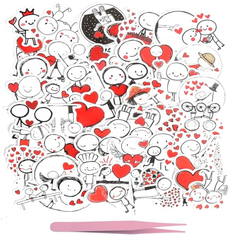 XRVRILE 50 Stück Lustige Aufkleber und Pinzette, Herz Sticker Liebe Skizzenhafte Linienfiguren mit Liebe & Herz Motiven Lustige Sticker für Laptop Kühlschrank MacBook Scrapbook Kindle Koffer Journal