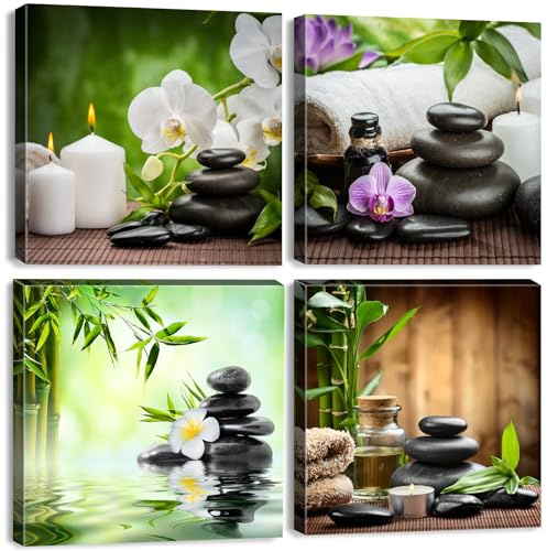 AIYISU Zen Wandbild 4 Teilig Leinwandbilder Bambus Orchidee Zen Steine Spa Wanddeko für Badezimmer Wohnzimmer Weiß Blume Kerzen Wanddeko für Schlafzimmer Küche Meditation Entspannung Deko 30 x 30 cm